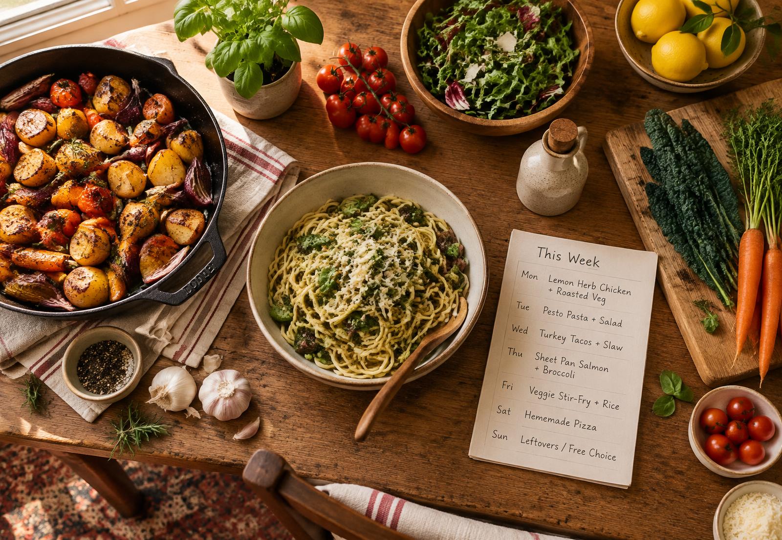 A family table with roasted vegetables, pasta and a handwritten weekly meal plan